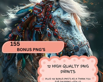 12 Sofortiger digitaler Download Pferd Native kommerzielle Nutzung PNG Pferd Anime Natur dekoriert Pferde Eingeborenes Kleid realistisch geschmückt Druckdetail