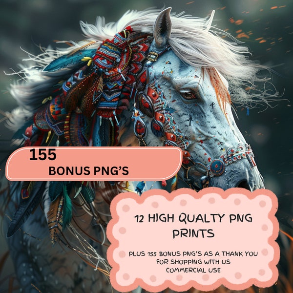 12 Instant Digital Download Native Horse commercial use PNG horse anime nature decorated horses native dress realistic adorned print detail