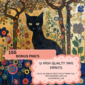 12 インスタントデジタルダウンロード グスタフ・クリムトの猫スタイル 商用利用 PNG ガーデン猫アニメ 黒猫アート 猫好きのための花の庭プリント
