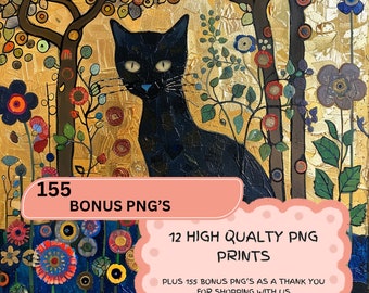 12 Instant Digital Download Cat Style Of Gustav Klimt Commercial Use PNG Garden Cat Anime Black Cat Art Flower Garden Print For Cat Lover