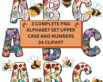 3 Set Flower Doodle Letters PNG Font Hand Drawn Doodle Font Bundle Patterned Numbers & Alphabet Doodle Set Sublimation Font PNG Spring Font