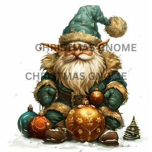 May include: A green and white Christmas gnome with a long white beard sits on a snowy surface with a variety of Christmas ornaments. The gnome is wearing a green hat with white stars and a green and white outfit. The ornaments are gold, red, and blue.