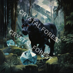 K&ouml;nnte beinhalten: Ein schwarzer Panther mit leuchtend roten Augen geht durch einen &uuml;ppigen gr&uuml;nen Wald mit gro&szlig;en, klaren blauen Kristallen, die auf dem Boden verstreut liegen.