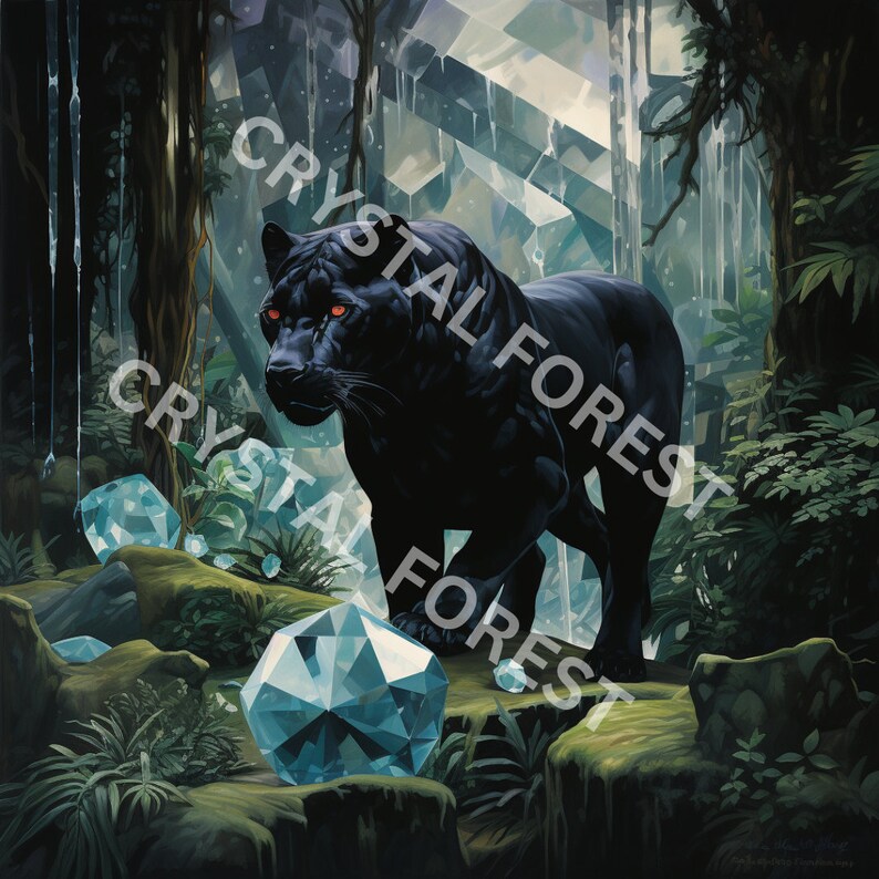 K&ouml;nnte beinhalten: Ein schwarzer Panther mit leuchtend roten Augen geht durch einen &uuml;ppigen gr&uuml;nen Wald mit gro&szlig;en, klaren blauen Kristallen, die auf dem Boden verstreut liegen.