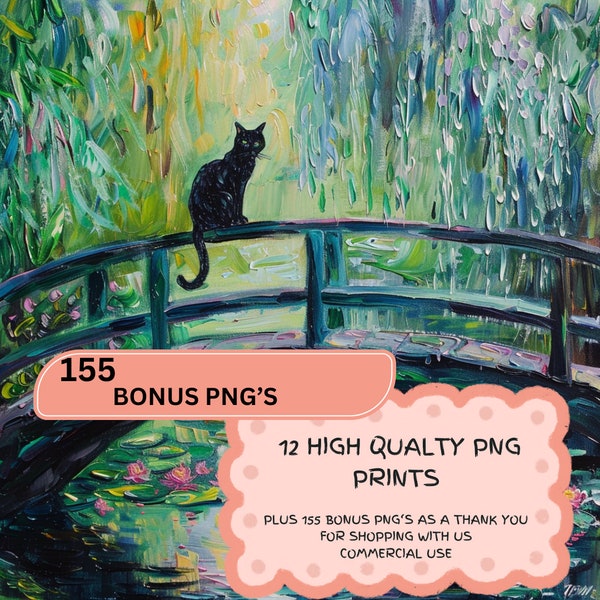 12 Instant Digital Download Claude Monet's The Water Lily Pond Bridge Style   Commercial Use PNG Famous Artist Claude Monet Lover Cat Print