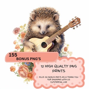 Op de afbeelding: Een aquarel-illustratie van een egel die gitaar speelt. De egel is bruin met een lichtbruine buik en heeft een schattig, cartoonachtig gezicht. De gitaar is bruin met een lichtbruin lichaam en een lichtbruine hals. De egel is omringd door roze en witte bloemen. De afbeelding bevat de tekst "155 BONUS PNG'S", "12 HIGH QUALITY PNG PRINTS", "PLUS 155 BONUS PNG'S AS A THANK YOU FOR SHOPPING WITH US", and "COMMERCIAL USE".