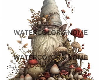 12 Watercolor Gnome Cottagecore Forest Gnome Print Commercial Use PNG Gnome Lover Wallart Holiday Gnome And Mushroom Clipart Gnome On Rock