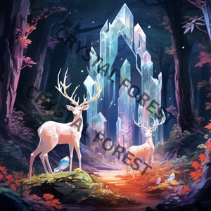 K&ouml;nnte beinhalten: Zwei wei&szlig;e Hirsche stehen in einem magischen Wald mit einer gro&szlig;en Kristallstruktur im Hintergrund. Die Hirsche werden von einem sanften, blauen Licht beleuchtet. Der Wald ist voller &uuml;ppiger Vegetation und bunten Laubs.