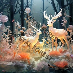 K&ouml;nnte beinhalten: Drei wei&szlig;e Keramik-Hirschskulpturen in einer fantasievollen Waldlandschaft. Die Hirsche stehen auf einer Lichtung, umgeben von wei&szlig;en Blumen und B&auml;umen. Die Hirsche sind alle in verschiedene Richtungen gewandt, und der mittlere Hirsch schaut direkt auf den Betrachter.