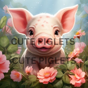 May include: A close-up of a pink piglet with white spots, looking directly at the camera with a happy expression. The piglet is surrounded by pink flowers and green leaves.