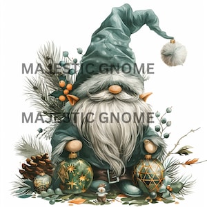 May include: A green gnome with a white beard and a blue hat with white polka dots holds two green and gold Christmas ornaments. The gnome is surrounded by pine branches and berries.