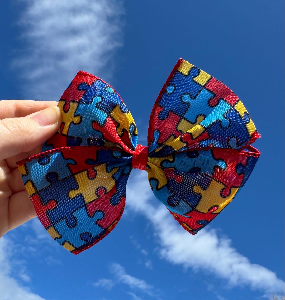 Red Trimmed Autism Puzzle Piece Pinwheel Hair Bow - Etsy