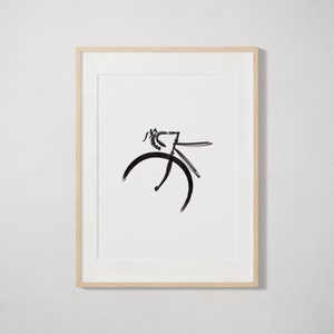 Impresión de arte minimalista del marco de la bicicleta negra, arte de la pared del ciclismo de la acuarela, cartel elegante de la bicicleta, regalo único del cartel del ciclista, silueta abstracta