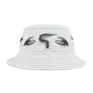 May include: White bucket hat featuring a repeating pattern of black insect illustrations. The hat has a stitched brim and a simple, classic design. This hat is a stylish accessory for outdoor activities.