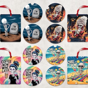 May include: Set of 10 colorful metal car air freshener tags with various skeleton designs and phrases like "Coffee Now Wine Later", "Chill to the Bone", "Stay Positive", and "I'm Okay".