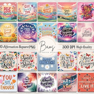 Paquete de afirmaciones cuadradas PNG, posavasos cuadrados con frases positivas para sublimación, llavero cuadrado inspirador PNG, posavasos cuadrado con amor propio PNG