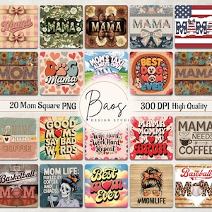 May include: A set of 20 digital square images featuring various designs with the word "Mama" or "Mom" in different styles and colours. The images are 300 DPI and high quality.