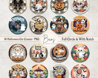 Halloween Car Coaster PNG, Spooky Cup Holder Sublimation, Funny Halloween Round PNG, Halloween Cardstock Freshie, Halloween Ghost Keychain