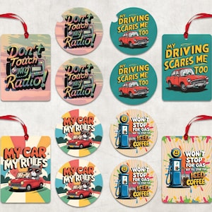 Set de diseño de sublimación para ambientador de coche, posavasos con frases sarcásticas imprimibles en formato PNG. Posavasos con frases sarcásticas.