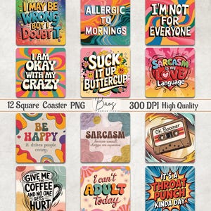 Funny Square Coaster Bundle, Sarcasm Square Coaster Sublimation, Sassy Square Coaster Design Sarcastic Keychain Square PNG Funny Magnets PNG