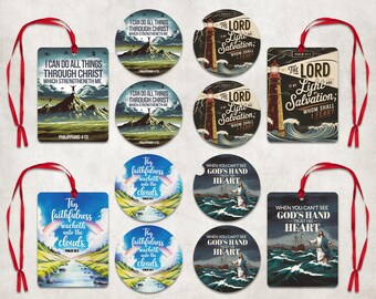 May include: Set of eight Christian-themed coasters and tags with inspirational quotes and imagery. The coasters feature a mountain, a lighthouse, a rainbow, and a stormy sea. The tags feature similar imagery and quotes. The quotes include "I can do all things through Christ", "The Lord is my light and salvation", "Thy faithfulness reacheth unto the clouds", and "When you can't see God's hand, trust His heart".