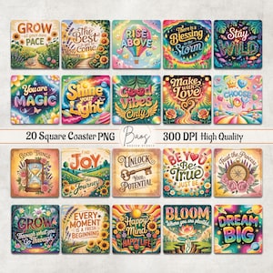 Puede incluir: Un conjunto de 20 posavasos cuadrados con citas inspiradoras e ilustraciones coloridas. Cada posavasos presenta diseños únicos con frases como "Crece", "Brilla tu luz" y "Sueña en grande". La imagen también incluye el texto "20 Square Coaster PNG".