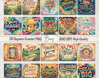 Motivational Square Coaster PNG Bundle, Positive Qoutes Square Coaster Sublimation, Affirmations Square Magnet PNG, Inspirational Square PNG