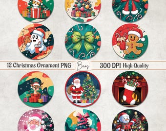 Christmas Ornament PNG Bundle, Holiday Round Ornament Sublimation, Tree Hanging Decor PNG, Santa Round Ornament, Christmas Clipart Download
