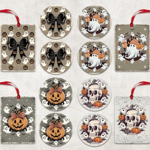 May include: Set of eight Halloween-themed car air fresheners.  Four round car fresheners feature a black bow, a pumpkin with a bow, a skull with a hat, and a ghost with a hat. Four rectangular car fresheners feature a black bow, a pumpkin with a bow, a skull with a hat, and a ghost with a hat. Each design is surrounded by ghosts and pumpkins.