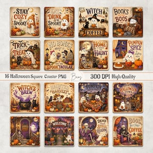 Puede incluir: Un conjunto de 16 posavasos cuadrados con temática de Halloween que incluyen ilustraciones de fantasmas, esqueletos, calabazas y gatos negros. Cada posavasos muestra textos estacionales únicos como Stay Cozy & Spooky y Haunted Harvest.