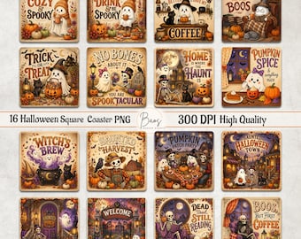 Halloween Square Coaster PNG Bundle, Spooky Vintage Halloween Coasters, Fall Coffee Coaster Designs, Halloween Magnet Png, Digital Download