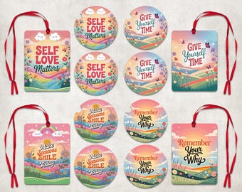 Affirmation Air Freshener Car Coaster Sublimation Set, Floral Affirmation Car Coaster PNG, Inspirational Qoutes Cardstock Freshie Round PNG