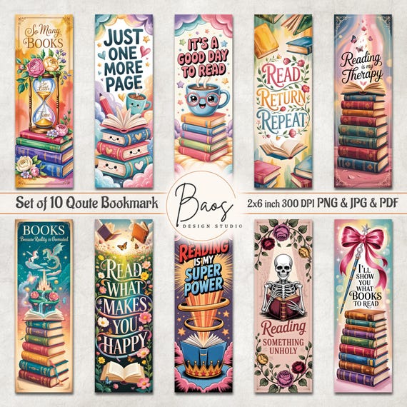 Qoute Bookmark Bundle, Cute Bookmark Sublimation PNG,  Printable Bookmark Sheet, Reading Bookmark Print and Cut Download Watercolor Bookmark