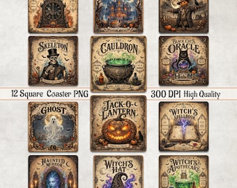 Halloween Square Coaster PNG Bundle, Spooky Vintage Halloween Coasters,  Witchy Gothic Coasters, Halloween Magnet Png, Digital Download