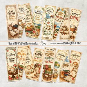 Op de afbeelding: Een set van 16 rechthoekige bladwijzers met illustraties van koffie, boeken en gezellige scènes met teksten zoals Iced Coffee & Good Books, Read. Sip. Repeat. en But First, Coffee. De collectie bevat digitale bestanden met 2x6 inch 300 DPI.