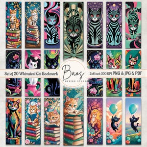 Whimsical Cat Printable Bookmarks, Colorful Cat Bookmark Sublimation PNG, Cute Cat Bookmark Sheet, Quirky Cat Print and Cut Bookmark Dowload