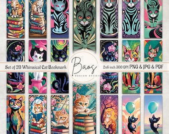 Marque-pages imprimables chat fantaisiste, marque-page chat coloré en sublimation PNG, feuille de marque-page chat mignon, impression de chat original et marque-page découpé