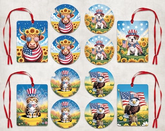 Patriotic Cute Animals Car Coaster Air Freshener Set, 4th of July Car Coaster PNG, American Eagle Car Air Freshener, Highland Cow Cardstock