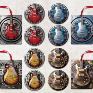 May include: A collection of guitar-themed ornaments and gift tags. The designs feature electric guitars in various colors, including red, blue, and brown, set against metallic backgrounds. Each piece has a red ribbon for hanging.