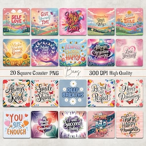 Paquete de posavasos cuadrados PNG con afirmaciones, posavasos cuadrados PNG con citas positivas para sublimación, imán cuadrado PNG inspirador para el amor propio.