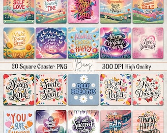 Affirmations Square Coaster PNG Bundle, Positive Qoutes Square Coaster Sublimation Png, Inspirational Square Magnet PNG Self Love Square PNG
