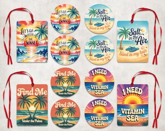 Summer Vibes Car Coaster Air Freshener Sublimation Set, Beach Day Car Coaster PNG, Vacation Car Air Freshener, Summer Qoutes Round Cardstock