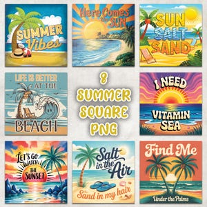 Puede incluir: Un conjunto de ocho imágenes PNG cuadradas con temática de verano. Cada imagen presenta escenas de playa con palmeras, puestas de sol y frases como "Summer Vibes", "Sun, Salt, Sand" e "I Need Vitamin Sea". Las imágenes son de estilo vintage.