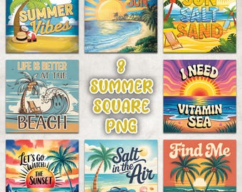 Summer Vibes Square PNG, Hello Summer Square Coaster PNG Sublimation, Summer Qoutes Square Coaster Template, Beach Day Square Keychain PNG