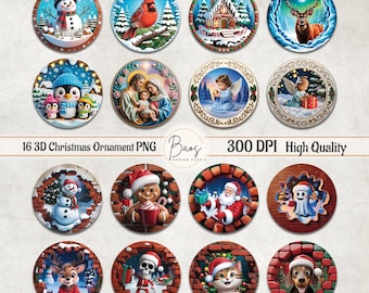 3D Christmas Ornament PNG Bundle, Round Ornament Sublimation Design, Cute Holiday Clipart, Xmas Ornament 3D PNG, Cute Christmas DIY Ornament
