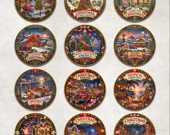 American Christmas Ornament PNG Bundle, 12 Vintage Americana Designs, Round Ornament Sublimation, USA Christmas Decor