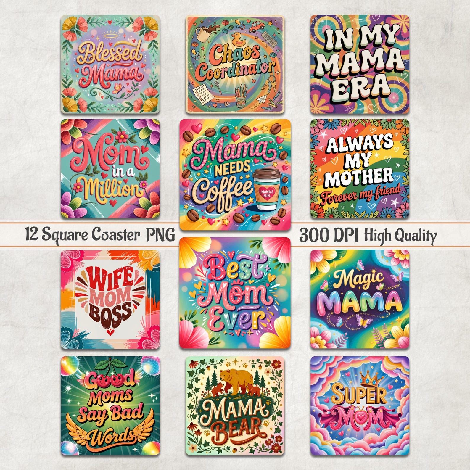 Mom Square Coaster Bundle, Mama Coaster Sublimation, Mother Quotes ...