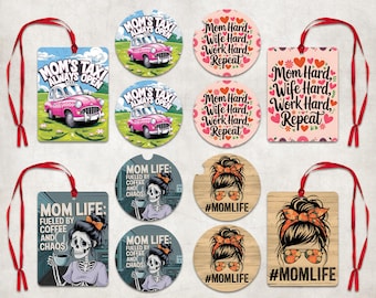 Mom Car Coaster Air Freshener Sublimation Set Funny Mom Air Freshener PNG Mama Car Coaster Round Cardstock PNG Mother's Day Mom Keychain PNG