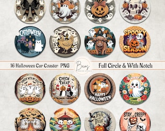 Halloween Car Coaster PNG, Spooky Cup Holder Sublimation, Funny Halloween Round PNG, Halloween Cardstock Freshie, Halloween Ghost Keychain