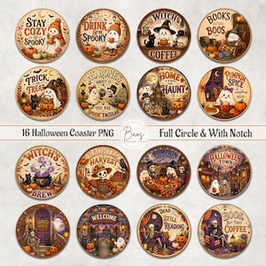 May include: A collection of 16 circular Halloween-themed coaster designs featuring ghosts, skeletons, pumpkins, and black cats. Each coaster displays unique seasonal illustrations with text such as Stay Cozy & Spooky, Witch Coffee, and Haunted Harvest.